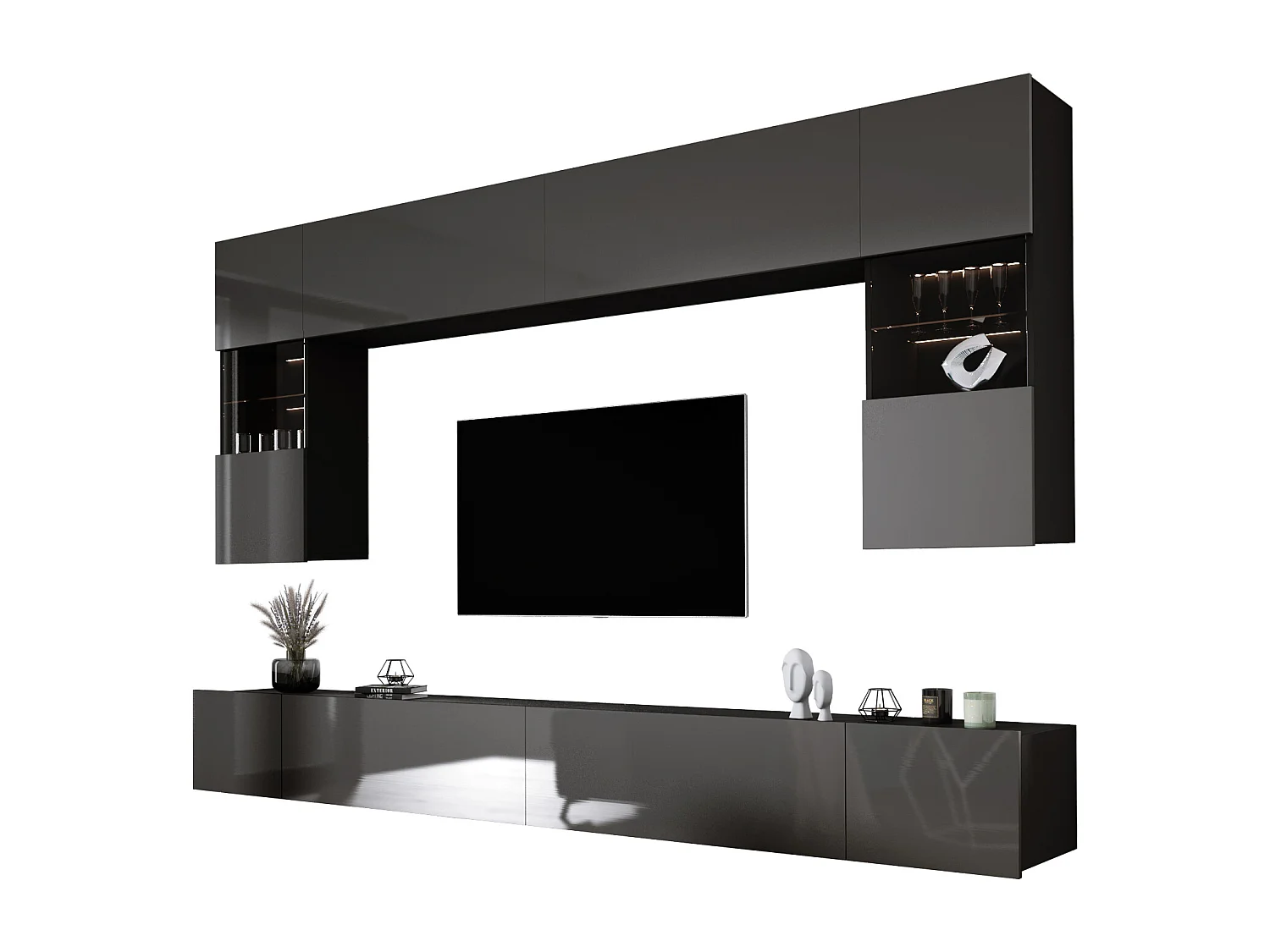 Elément mural : Noir Mat / Gris Brillant, largeur : 300 cm, hauteur : RÉGLABLE, profondeur : 42 cm