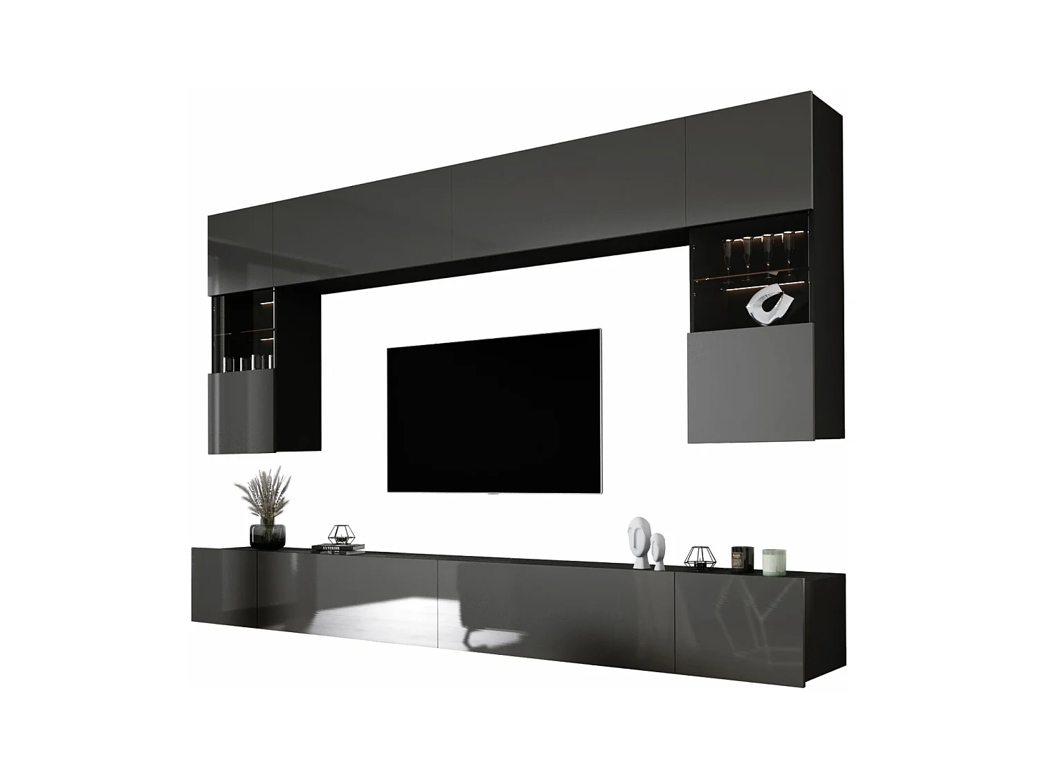 Elément mural : Noir Mat / Gris Brillant, largeur : 300 cm, hauteur : RÉGLABLE, profondeur : 42 cm