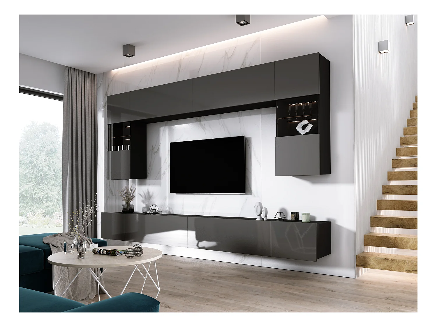 Elément mural : Noir Mat / Gris Brillant, largeur : 300 cm, hauteur : RÉGLABLE, profondeur : 42 cm