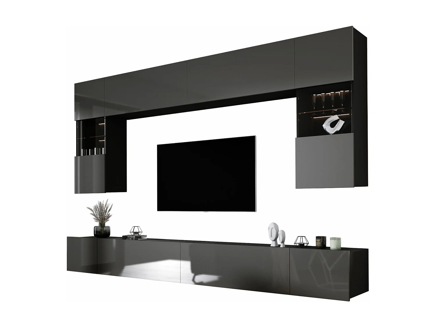 Elément mural : Noir Mat / Gris Brillant, largeur : 300 cm, hauteur : RÉGLABLE, profondeur : 42 cm