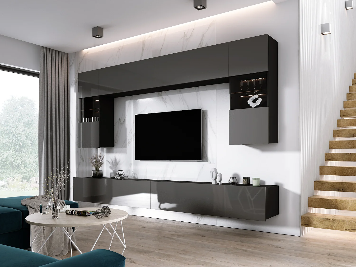 Elément mural : Noir Mat / Gris Brillant, largeur : 300 cm, hauteur : RÉGLABLE, profondeur : 42 cm