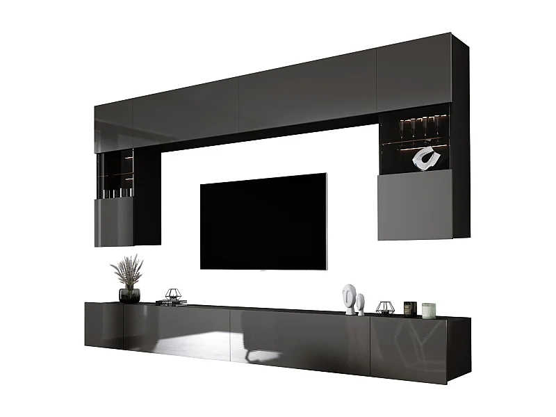 Elément mural : Noir Mat / Gris Brillant, largeur : 300 cm, hauteur : RÉGLABLE, profondeur : 42 cm