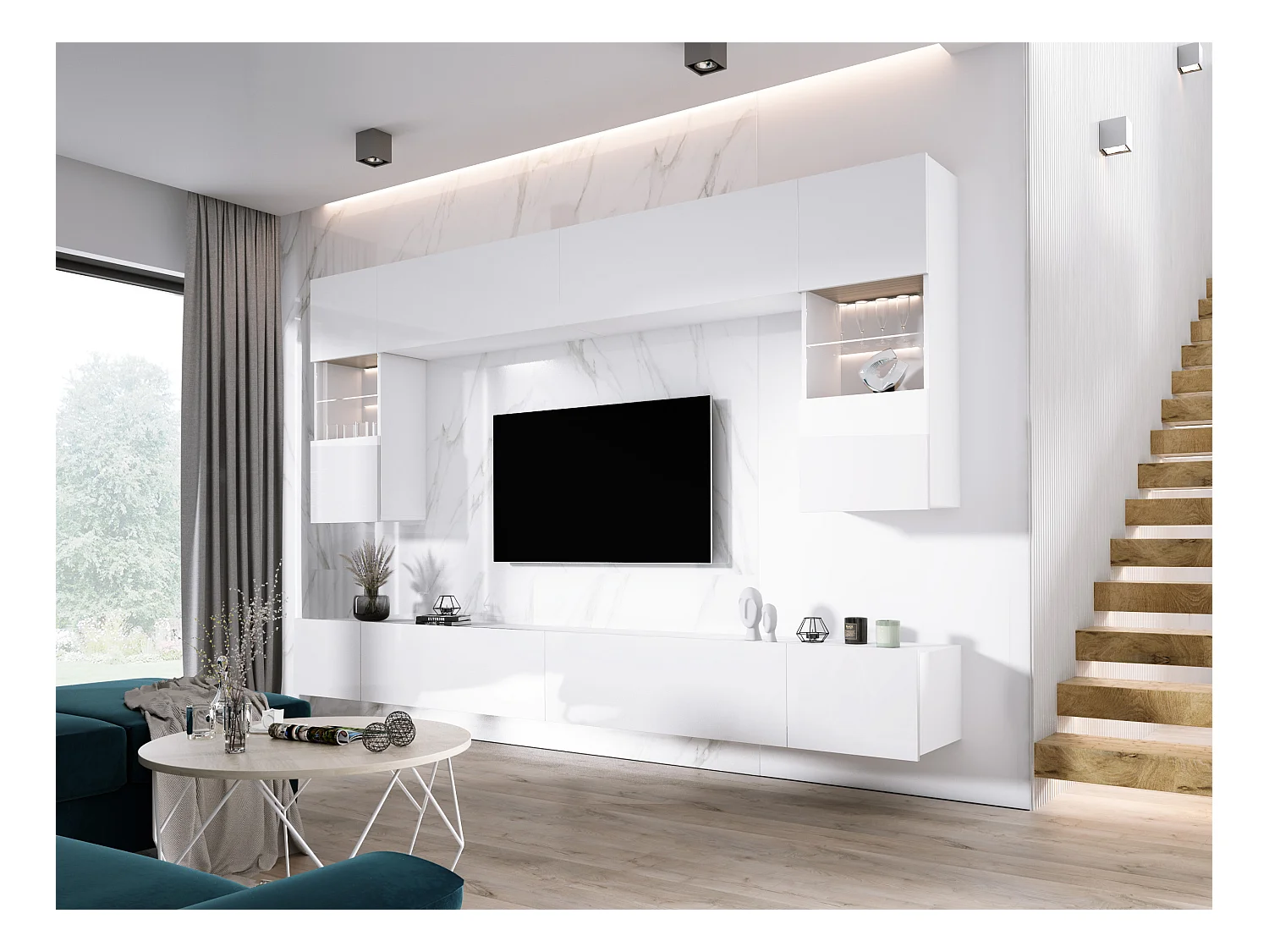 Wandmeubel: Mat Wit / Glanzend Wit, breedte: 300 cm, hoogte: VERSTELBAAR, diepte: 42 cm