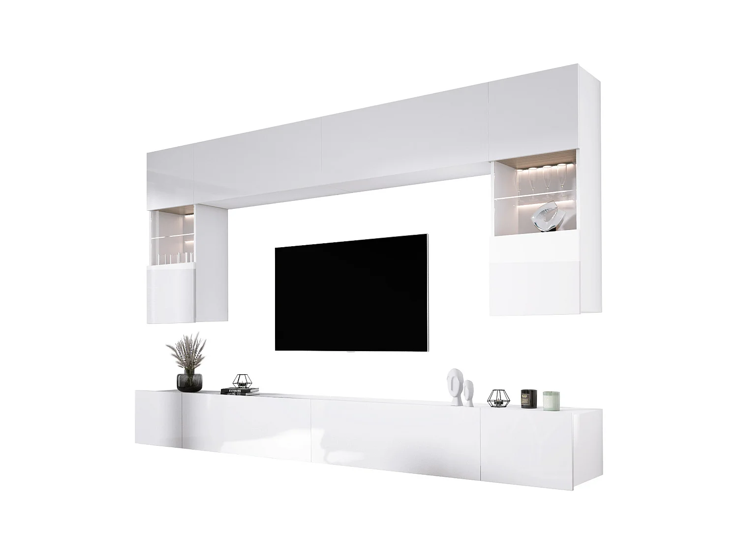 Elément mural : Blanc Mat / Blanc Brillant, largeur : 300 cm, hauteur : RÉGLABLE, profondeur : 42 cm