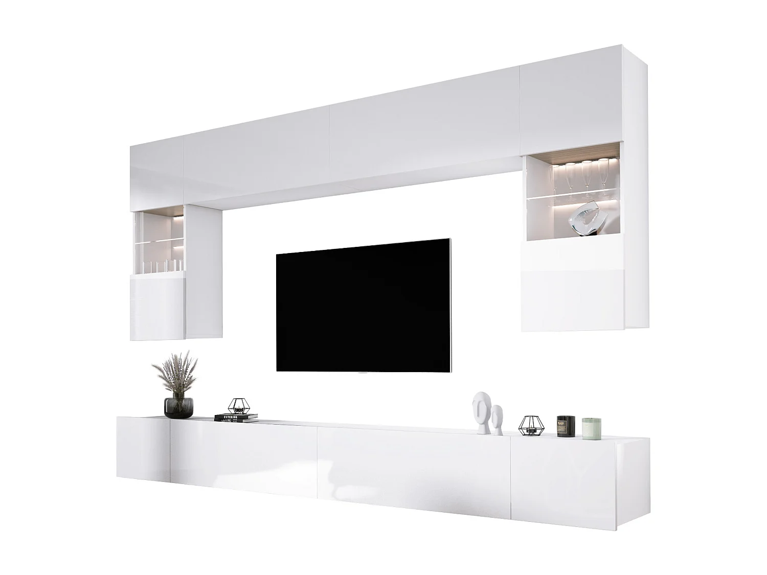 Mueble de pared: Blanco Mate / Blanco Brillo, ancho: 300 cm, alto: AJUSTABLE, fondo: 42 cm