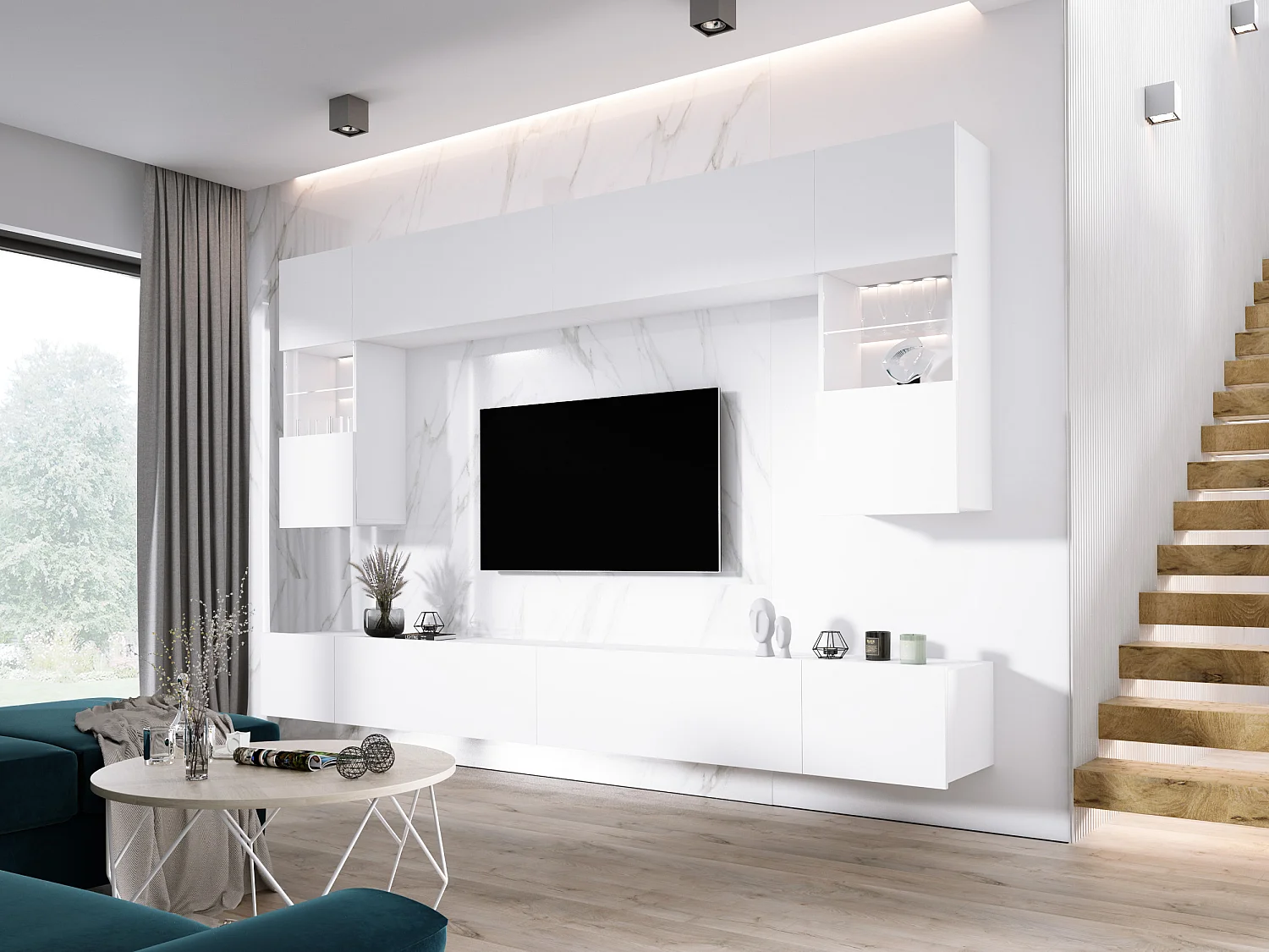 Mueble de pared: Blanco Mate, ancho: 300 cm, alto: AJUSTABLE, fondo: 42 cm