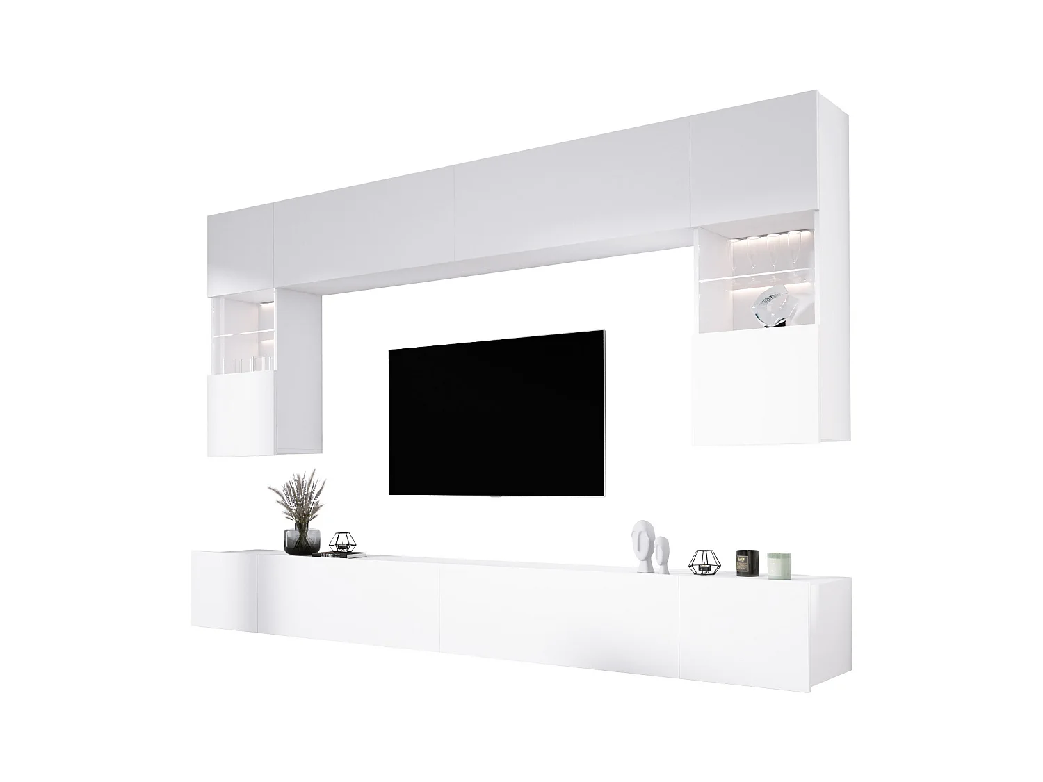 Mueble de pared: Blanco Mate, ancho: 300 cm, alto: AJUSTABLE, fondo: 42 cm