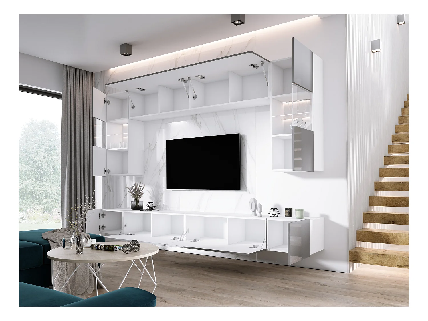 Mueble de pared: Blanco Mate, ancho: 300 cm, alto: AJUSTABLE, fondo: 42 cm