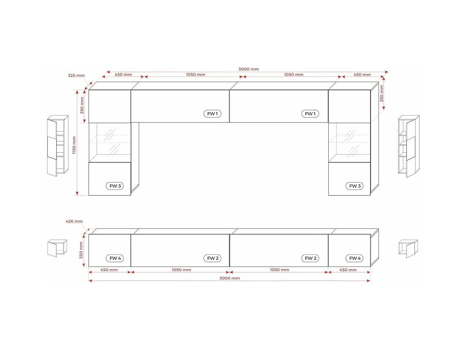 Mueble de pared: Blanco Mate, ancho: 300 cm, alto: AJUSTABLE, fondo: 42 cm