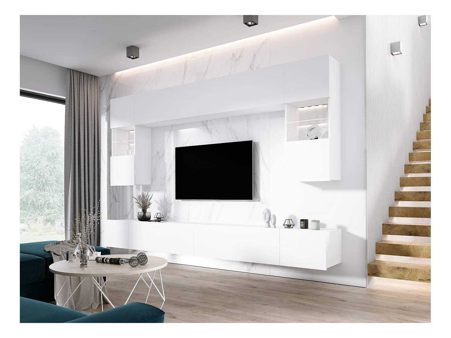 Elément mural : Blanc Mat, largeur : 300 cm, hauteur : RÉGLABLE, profondeur : 42 cm