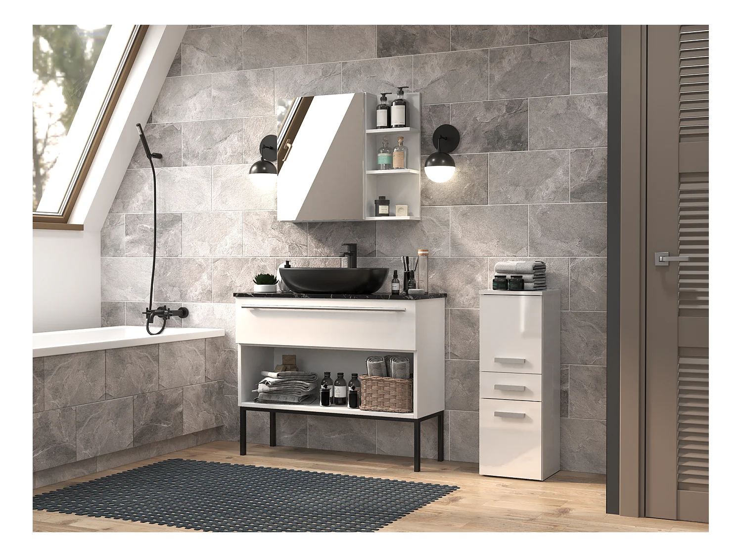 Meuble de salle de bain, Blanc Mat / Blanc Brillant, 85 x 30 x 30 cm