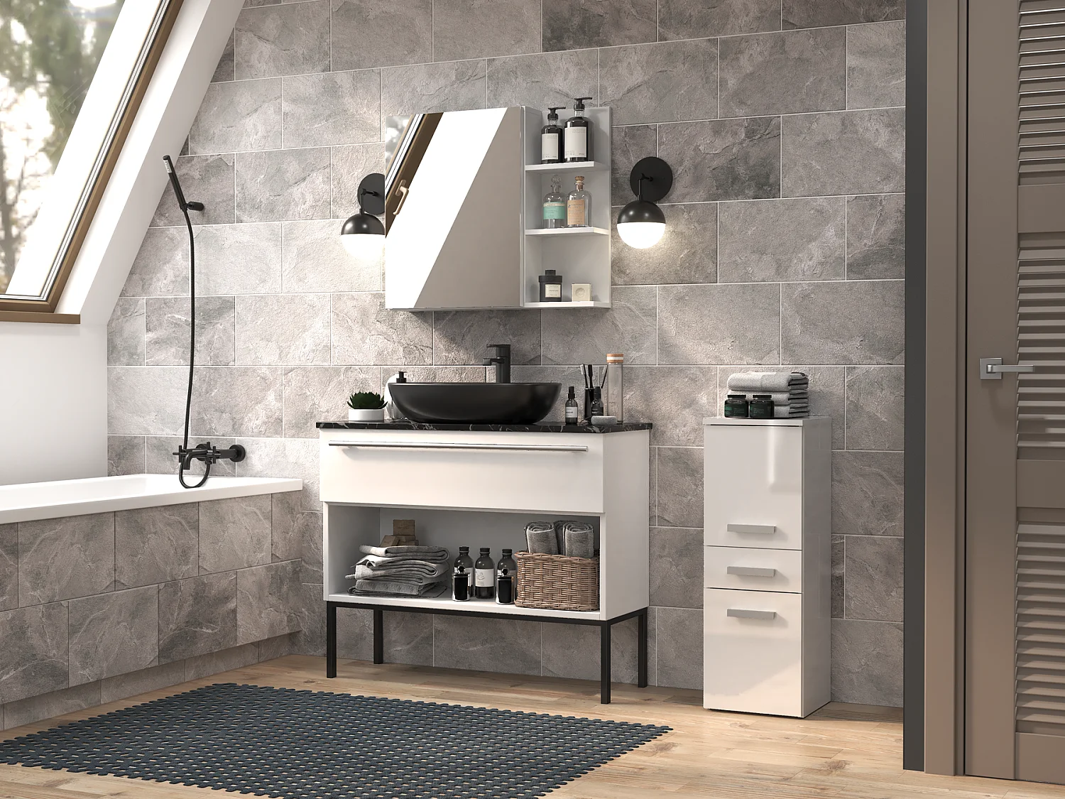 Meuble de salle de bain, Blanc Mat / Blanc Brillant, 85 x 30 x 30 cm