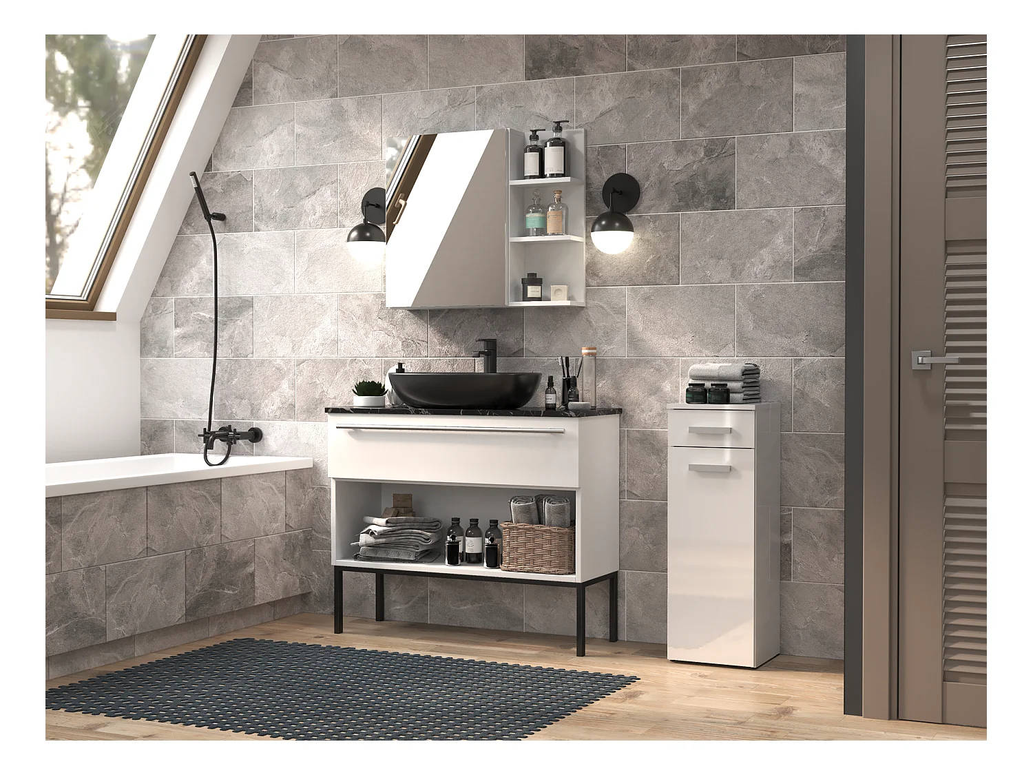 Meuble de salle de bain, Blanc Mat / Blanc Brillant, 85 x 30 x 30 cm