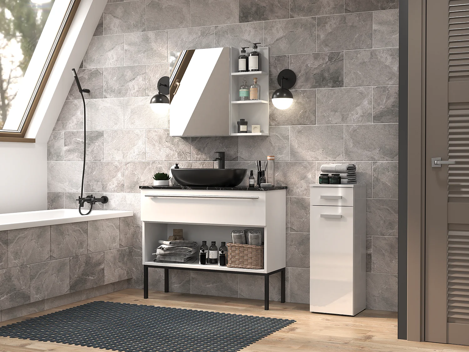 Meuble de salle de bain, Blanc Mat / Blanc Brillant, 85 x 30 x 30 cm