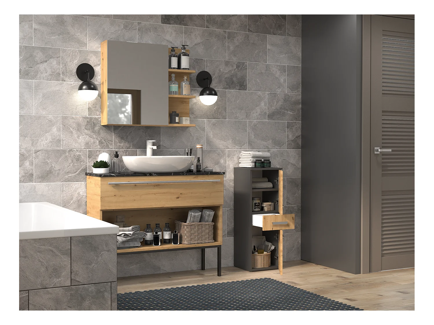 Badezimmermöbel, Anthrazit / Artisanal Oak, 85 x 30 x 30 cm