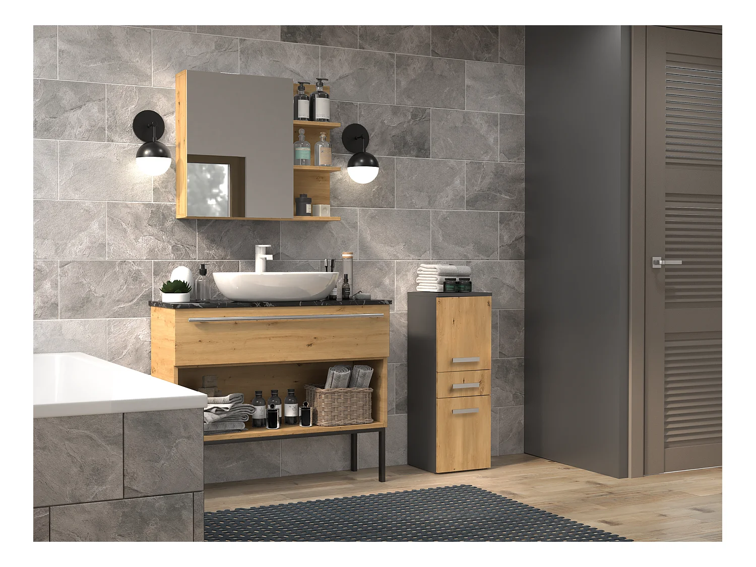 Badezimmermöbel, Anthrazit / Artisanal Oak, 85 x 30 x 30 cm