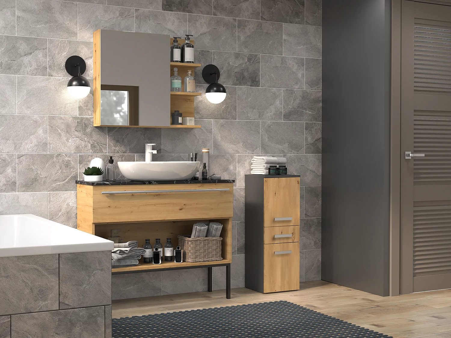 Meuble de salle de bain, Anthracite / Chêne Artisanal, 85 x 30 x 30 cm