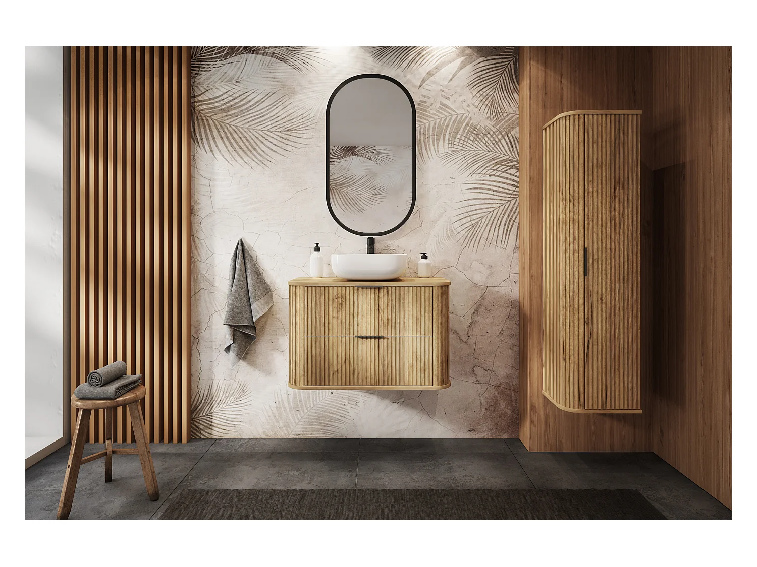 Meuble de salle de bain, Chêne Craft, poignée noire, 35,5 x 139 x 31,5 cm