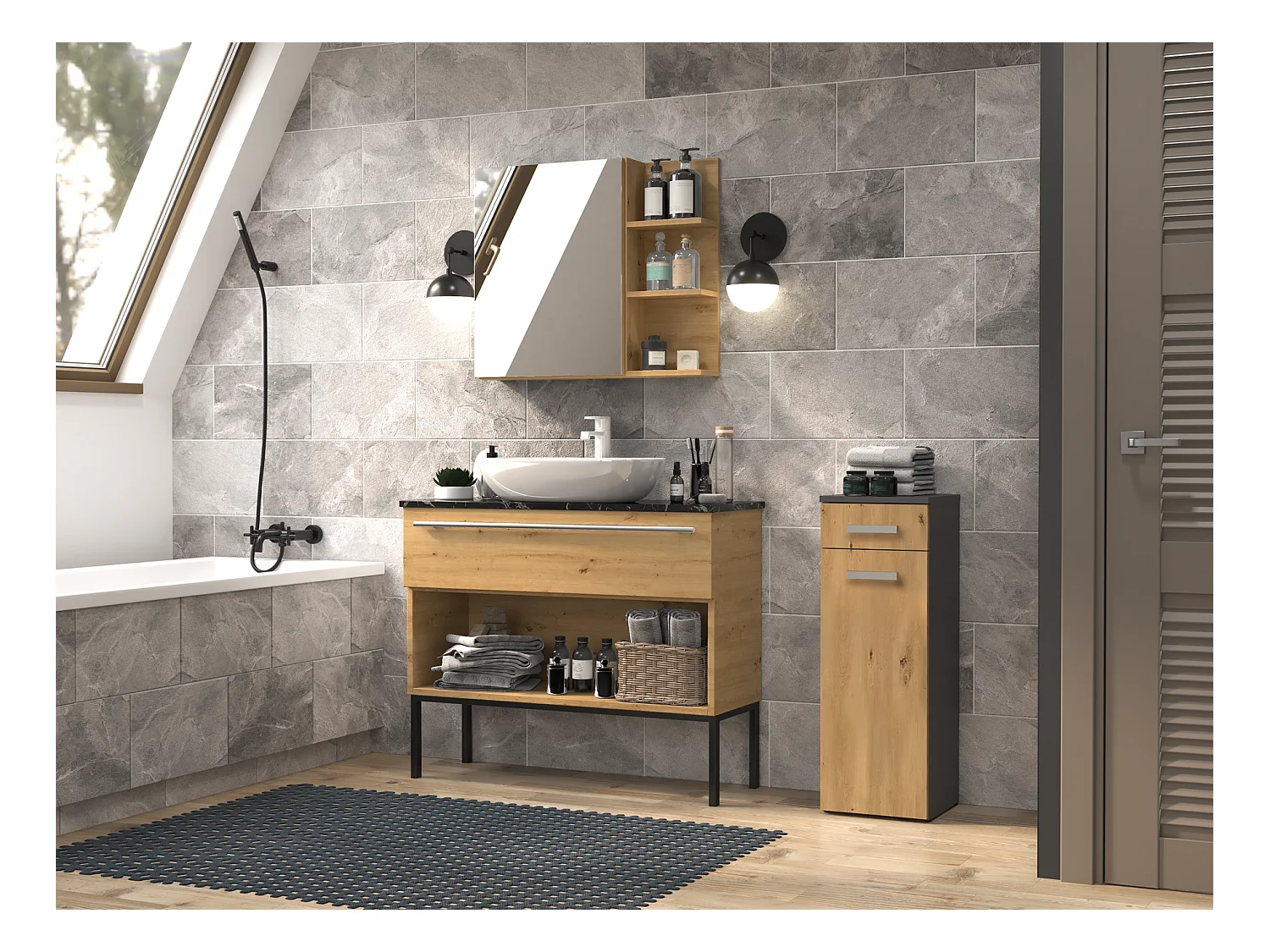 Meble łazienkowe, Antracyt, Dąb Artisan, 85 x 30 x 30 cm