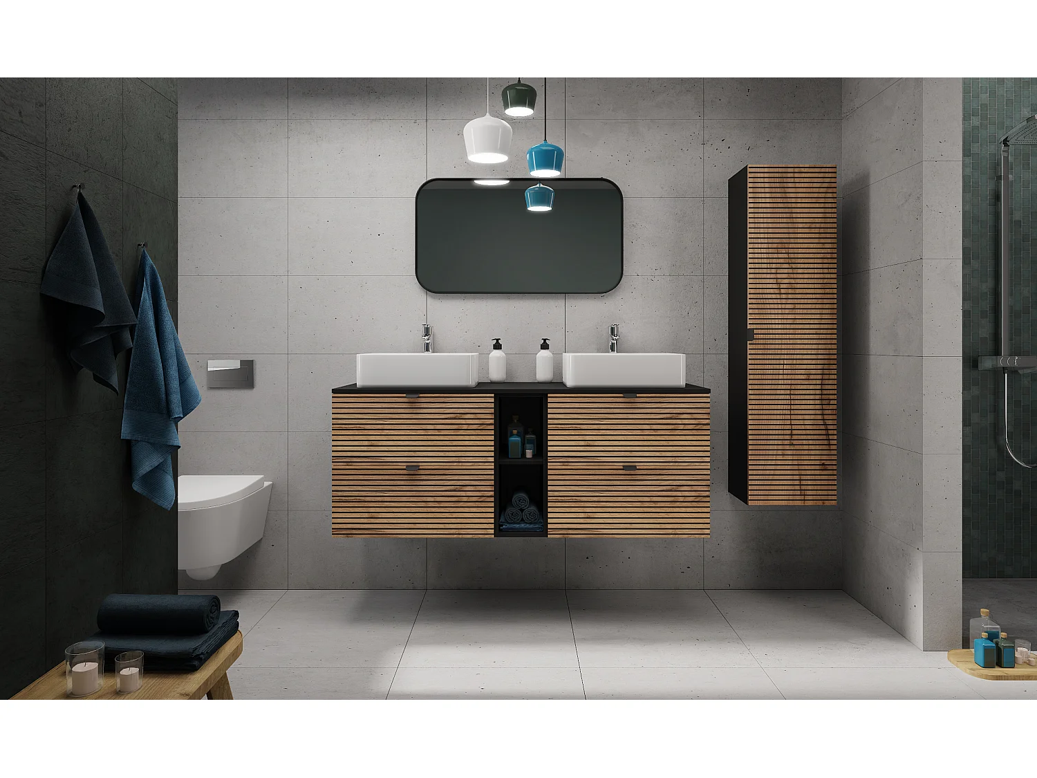 Meuble de salle de bain, Noir Mat, 35 x 136 x 27 cm, poignée noire