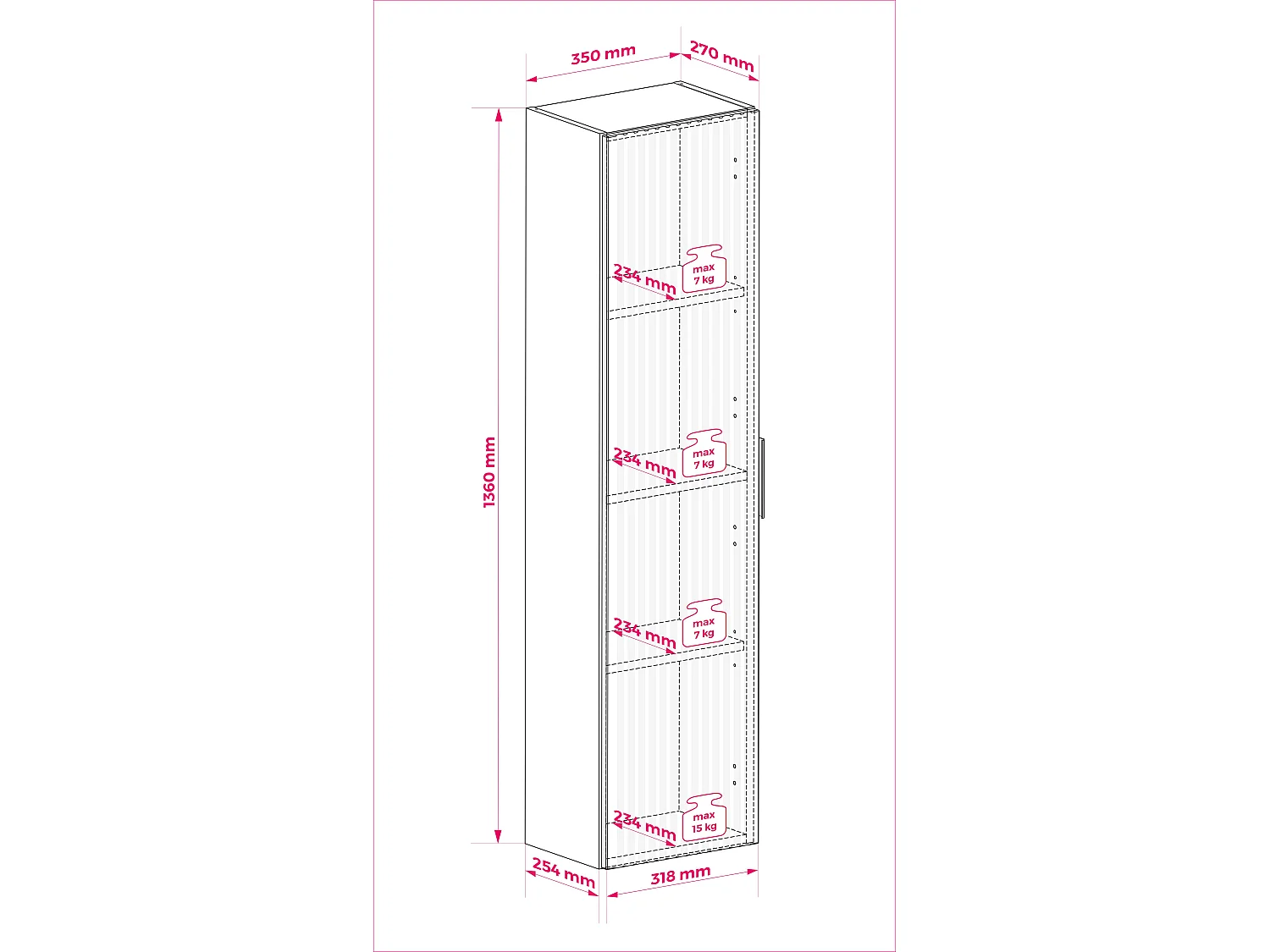 Badkamerkast, Eik Craft, zwarte handgreep, 35 x 136 x 27 cm