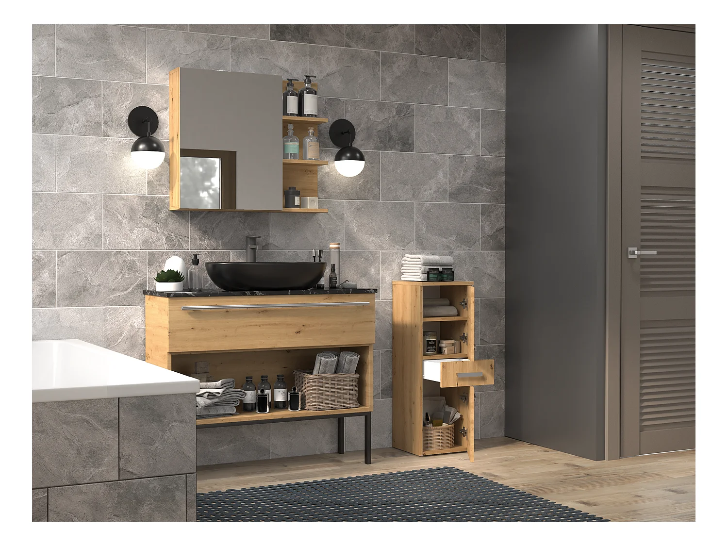 Meuble de salle de bain, Chêne Artisanal, 85 x 30 x 30 cm