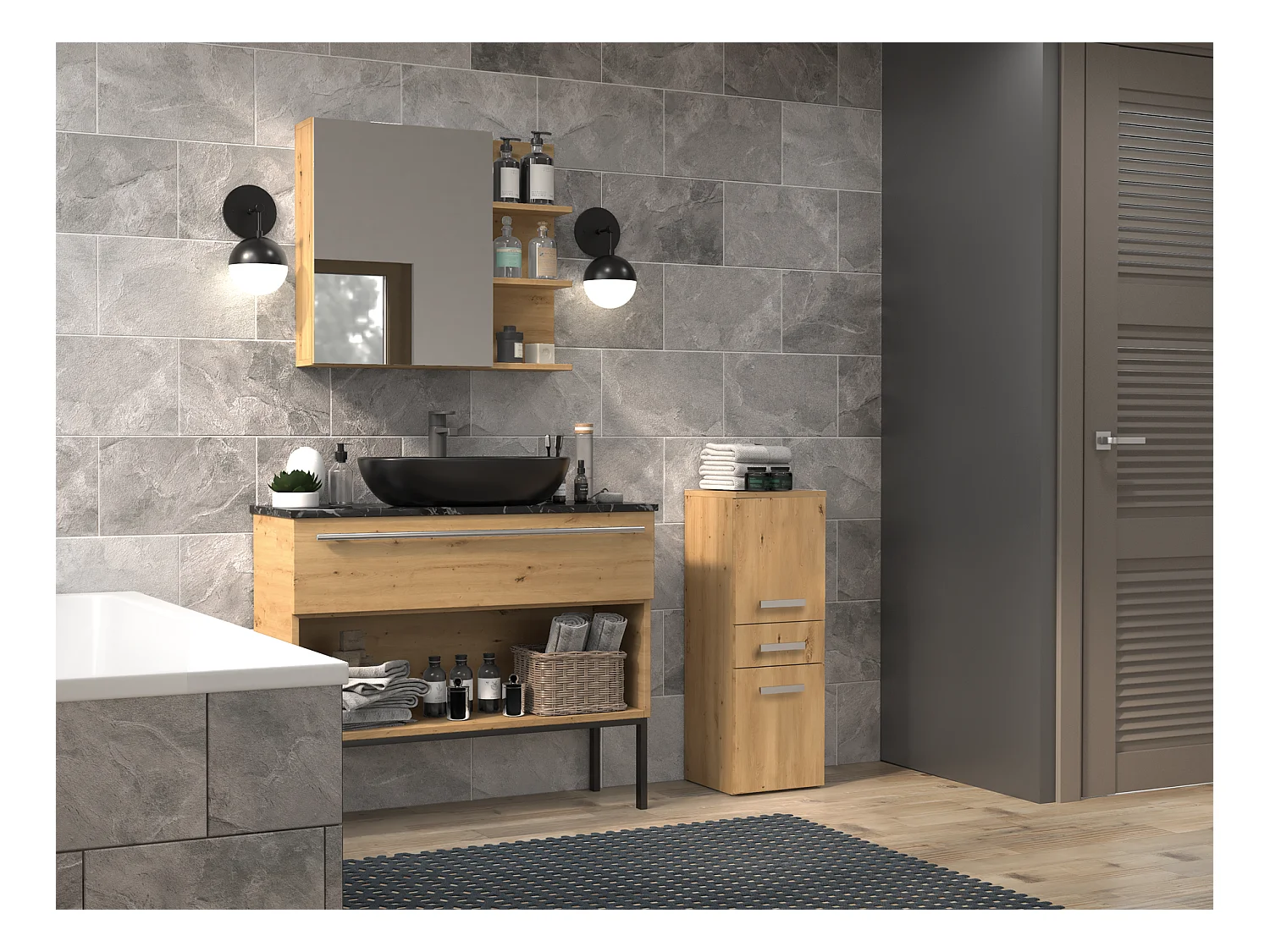 Meuble de salle de bain, Chêne Artisanal, 85 x 30 x 30 cm