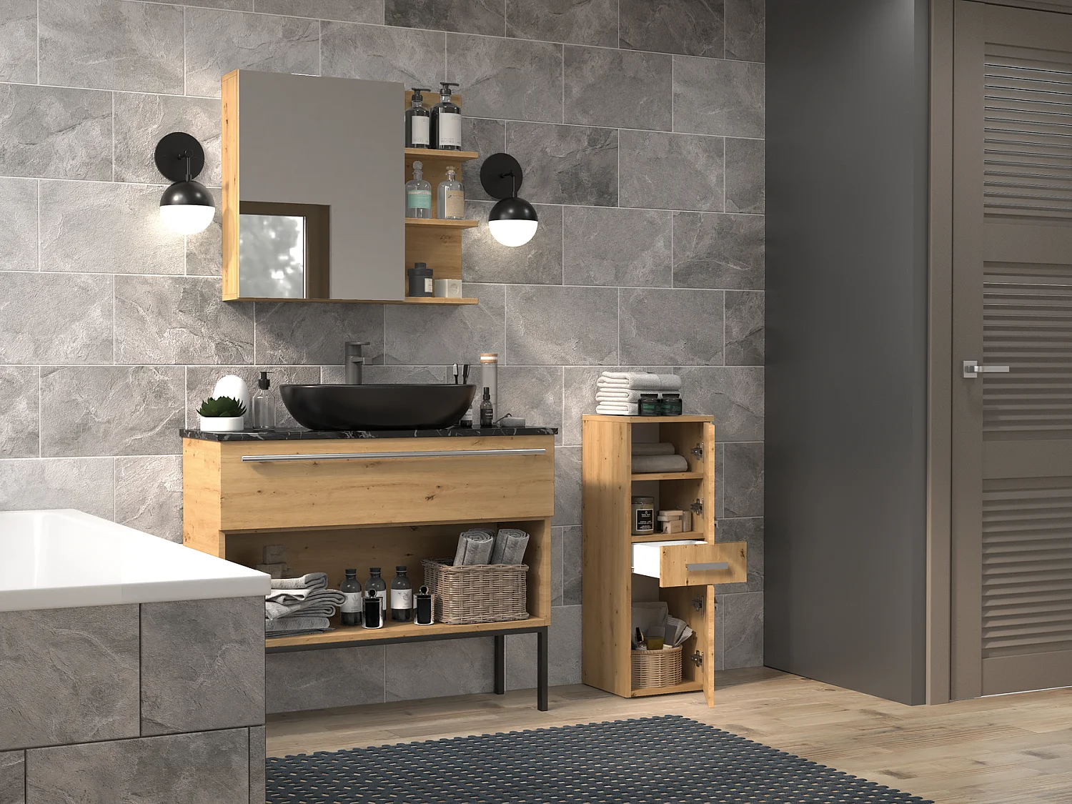 Meuble de salle de bain, Chêne Artisanal, 85 x 30 x 30 cm