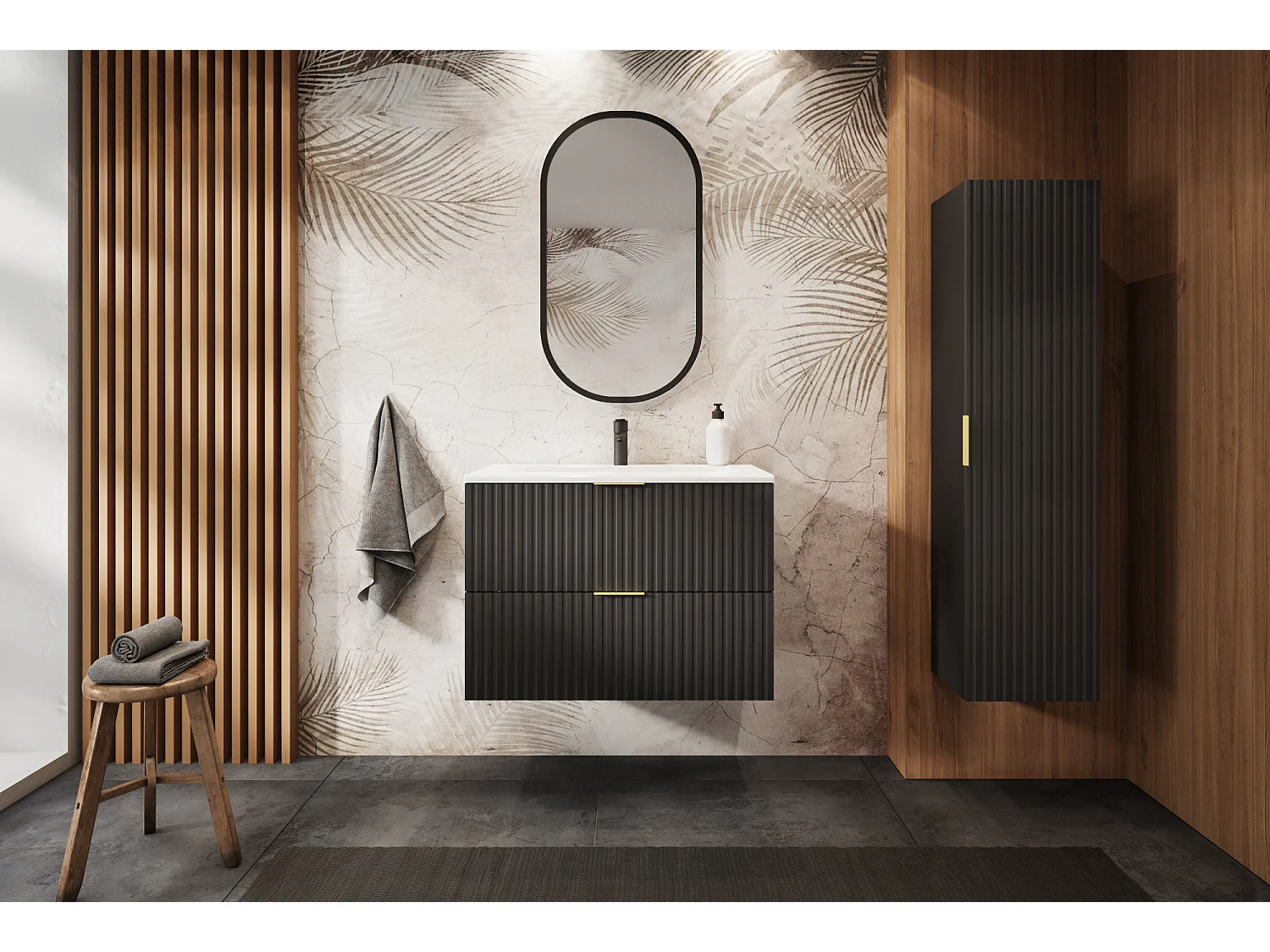 Colonne de salle de bain, Noir Mat, poignée dorée, 35 x 136 x 27 cm