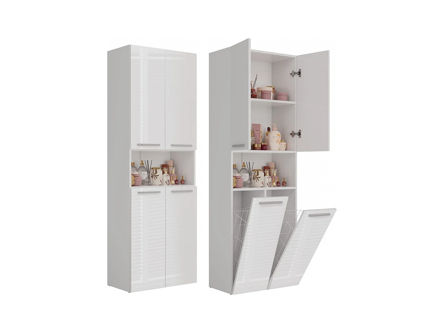 Meuble salle de bain, 174 x 30 x 60 cm, Blanc Mat / Blanc Brillant