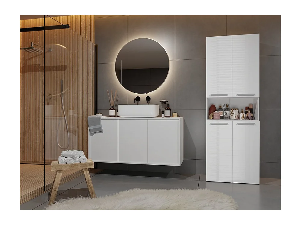 Meuble salle de bain, 174 x 30 x 60 cm, Blanc Mat / Blanc Brillant