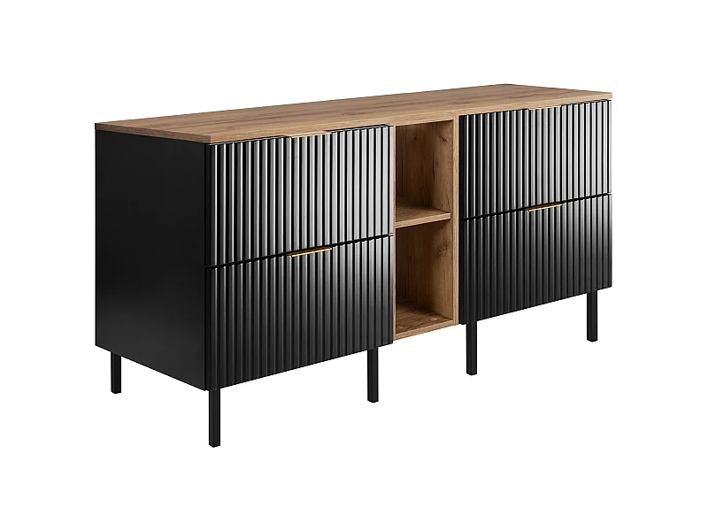 Badezimmermöbel, Schwarz / Craft Oak + Goldgriff, 140 x 77 x 46 cm