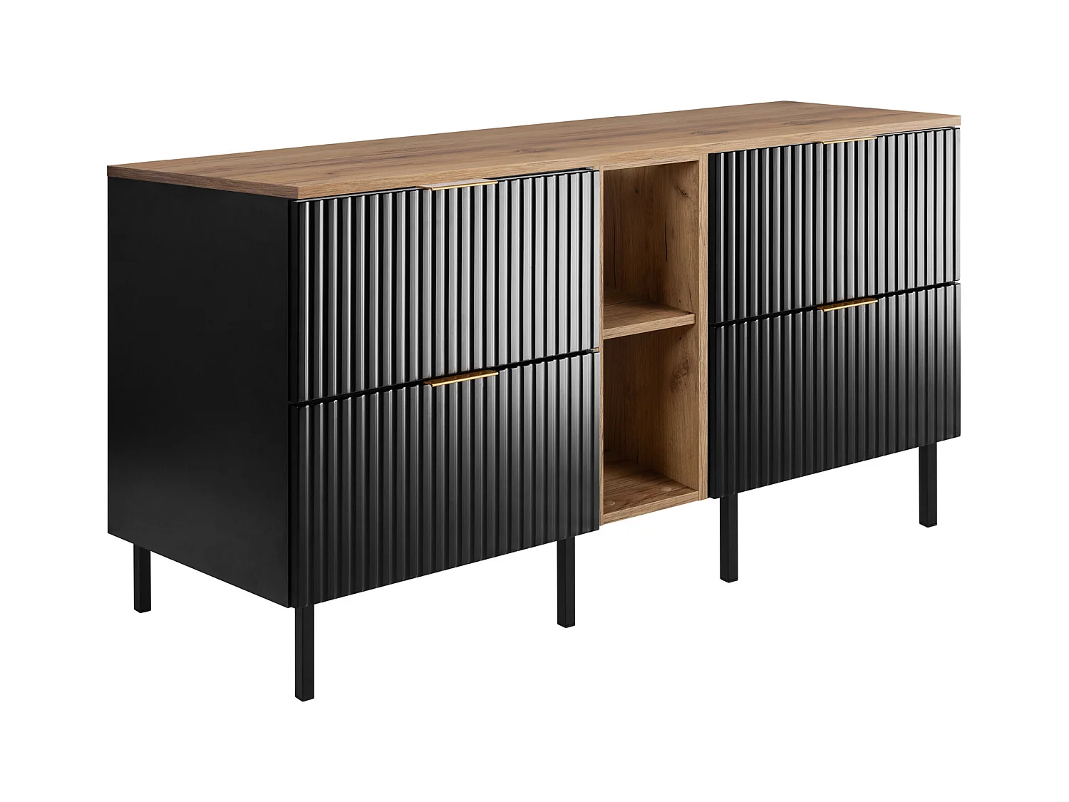 Meuble vasque, Noir / Chêne Craft + poignée dorée, 140 x 77 x 46 cm, pieds noirs + Plan de travail