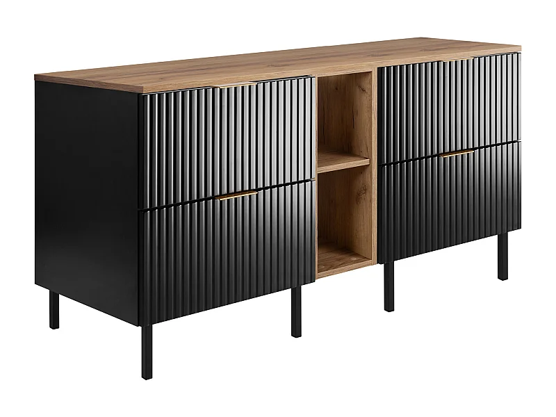 Waschtischunterschrank, Schwarz/Eiche mit goldenem Griff, 140 (2 x 60 + 20) x 77 x 46 cm + Arbeitsplatte, schwarze Beine