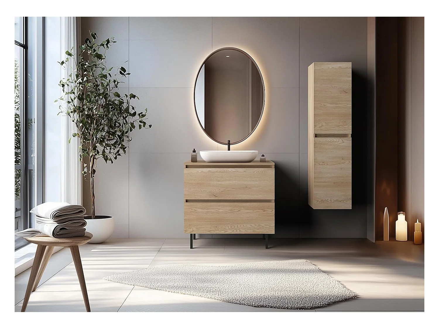 Meuble de salle de bain 80 cm, pieds, Couleur : Chêne Clair, 80 x 77 x 46 cm, sans plan de travail