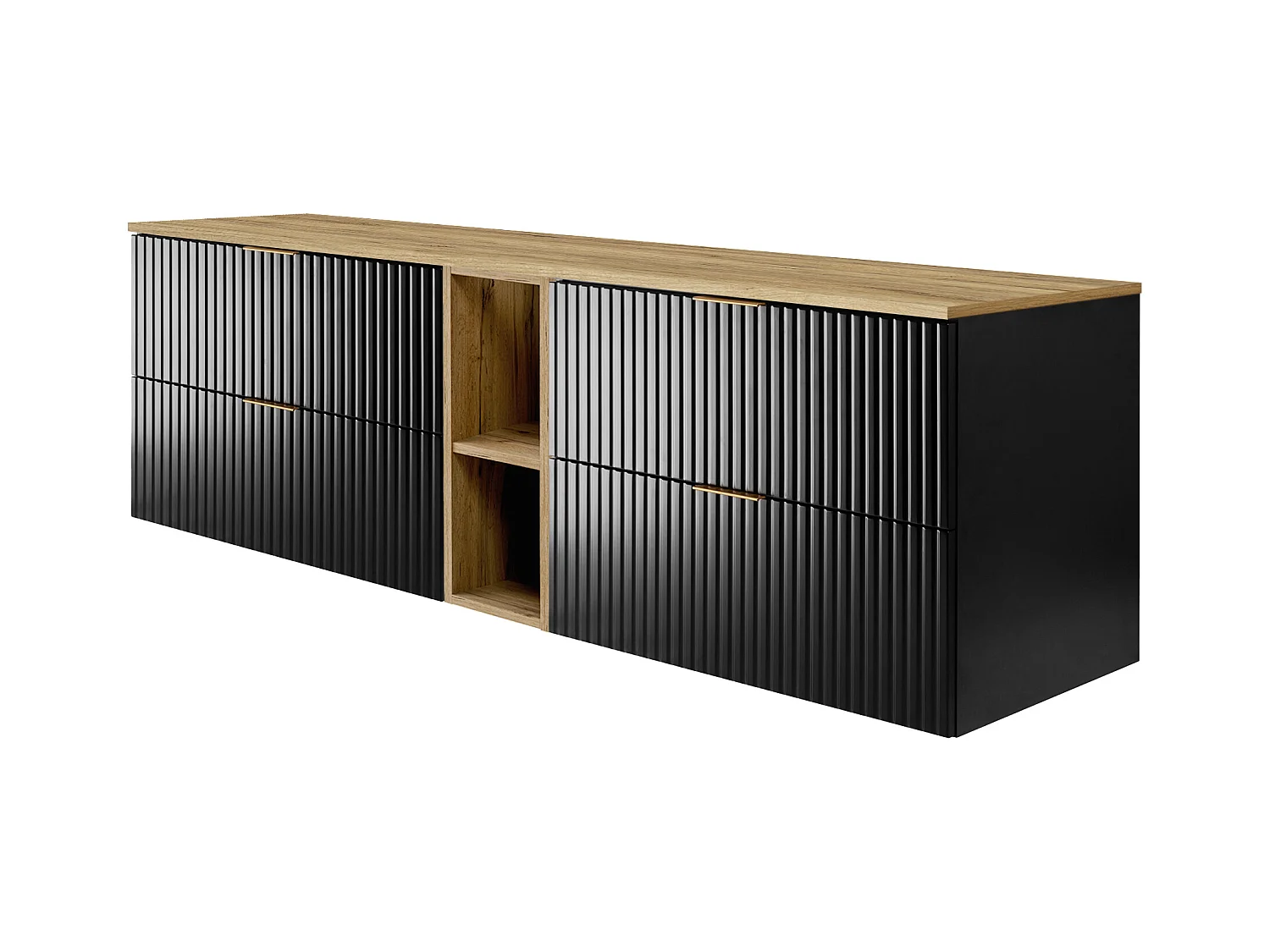 Meuble vasque, Noir / Chêne Craft + poignée dorée, 180 x 57 x 46 cm