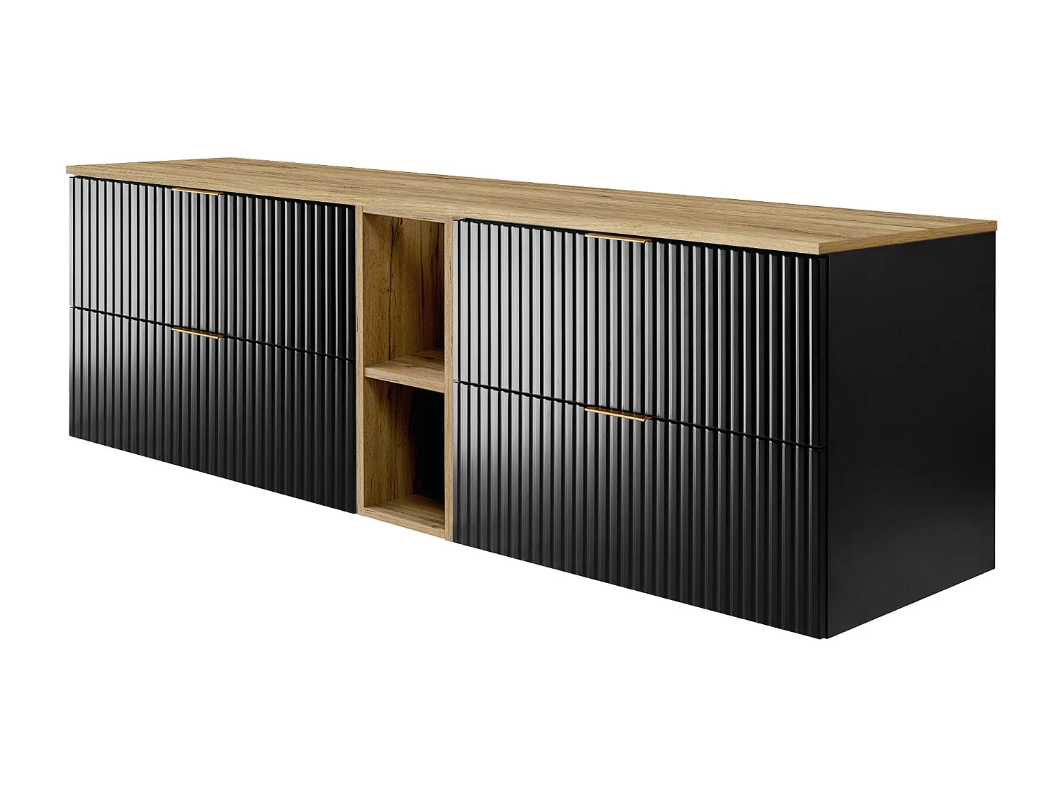 Meuble vasque, Noir / Chêne Craft + poignée dorée, 180 x 57 x 46 cm