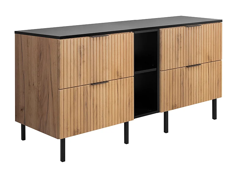 Meuble vasque, Chêne Craft / Noir + poignée noire, 140 x 77 x 46 cm, pieds noirs + Plan de travail