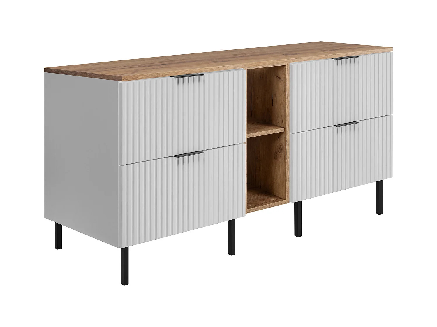 Meuble vasque, Blanc / Chêne Craft + poignée noire, 140 x 77 x 46 cm, pieds noirs + Plan de travail