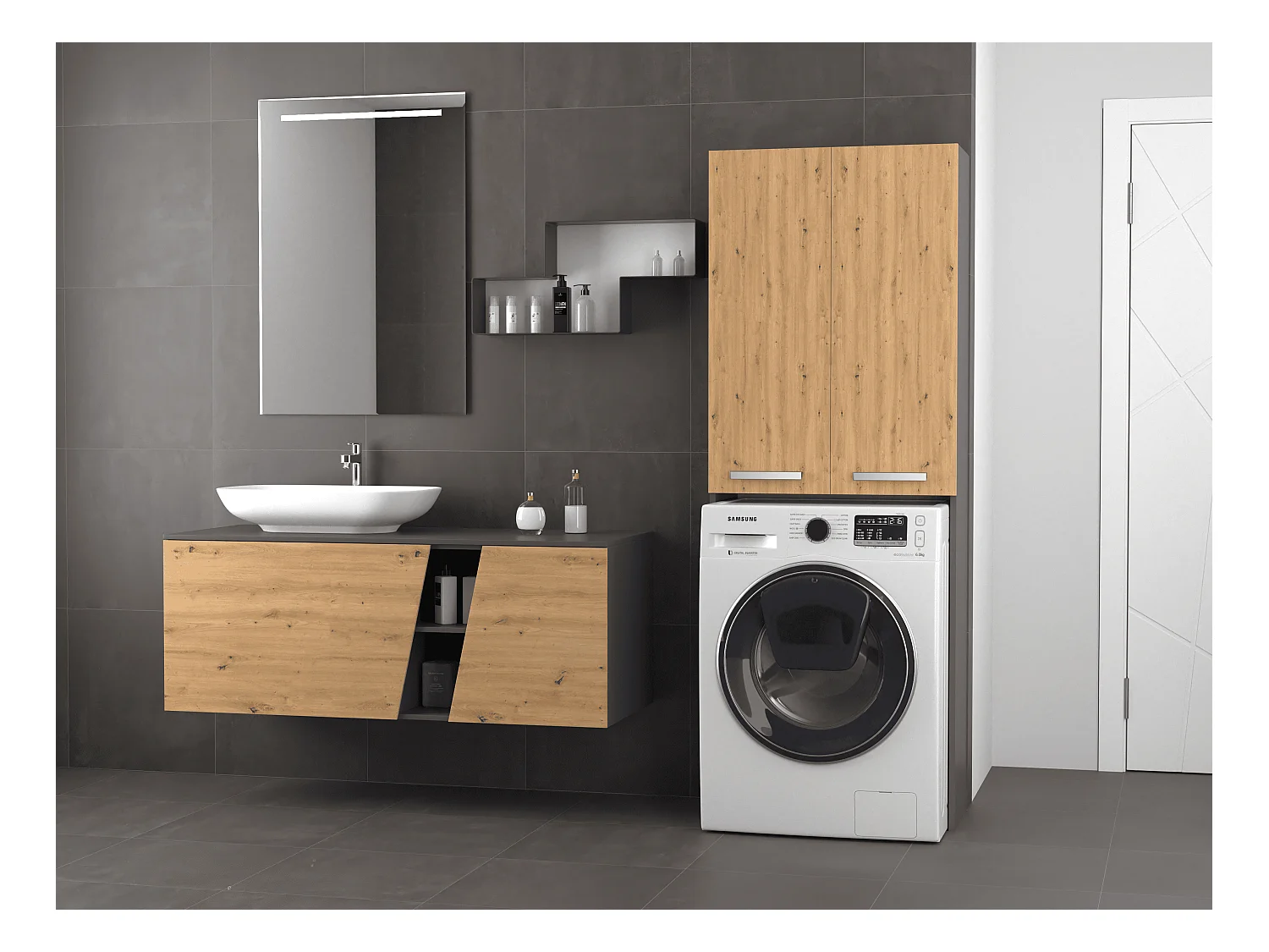 Armoire pour machine à laver, 30 x 64 x 180 cm, Anthracite / Chêne Artisan