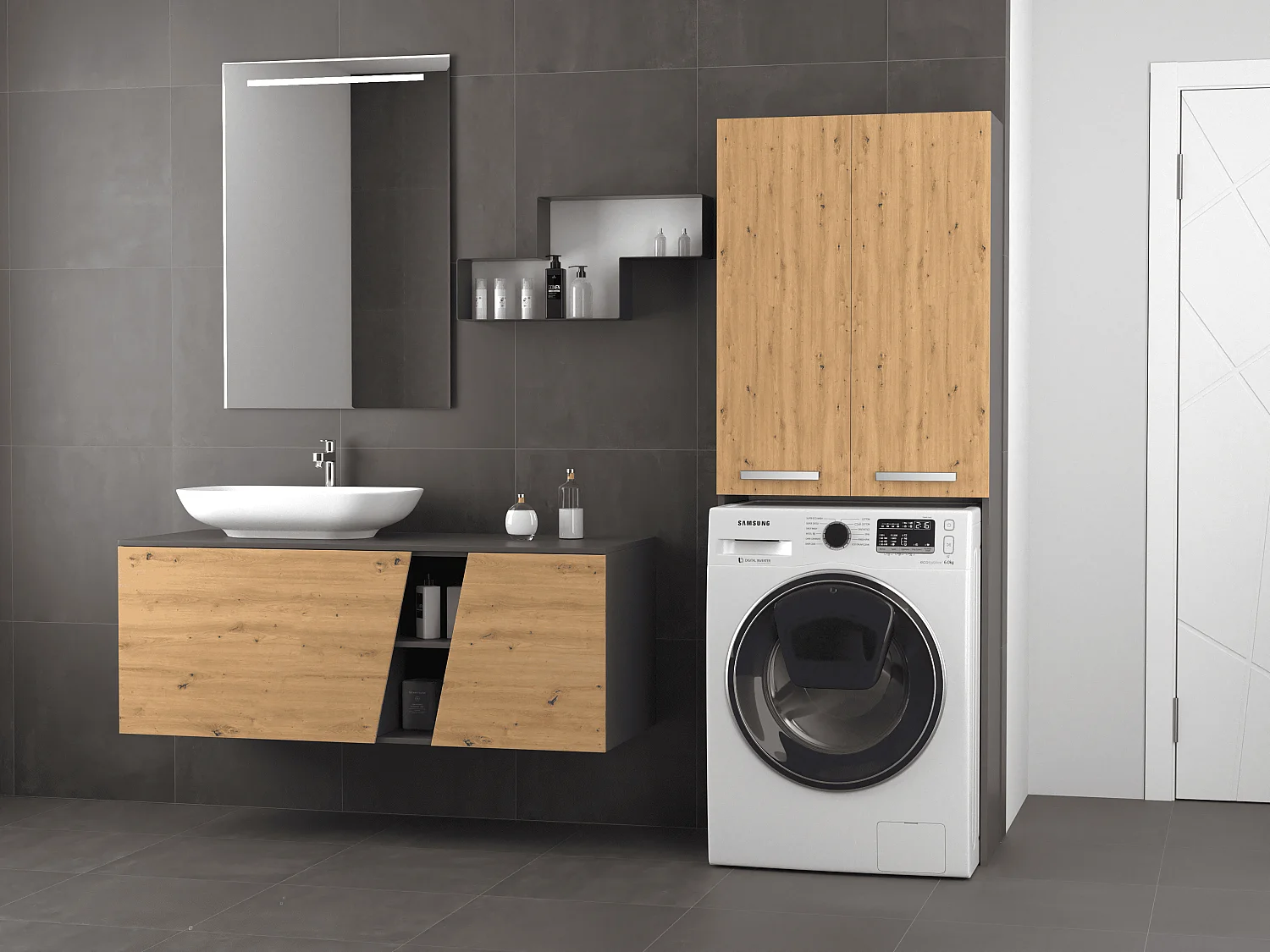 Armoire pour machine à laver, 30 x 64 x 180 cm, Anthracite / Chêne Artisan