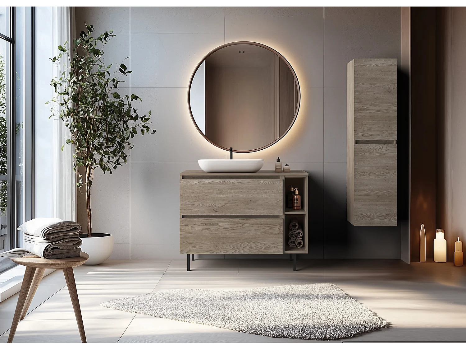 Meuble de salle de bain 100 cm (80+20) avec plan de travail supérieur + pieds meuble, Couleur: Chêne Foncé, 100 x 77 x 46 cm