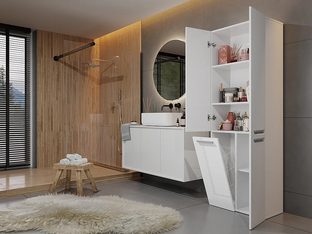 Meuble salle de bain, 174 x 30 x 60 cm, Blanc Mat / Blanc Brillant