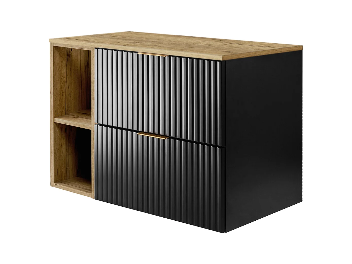 Badezimmermöbel, Schwarz / Craft Oak + Goldgriff, 80 x 57 x 46 cm