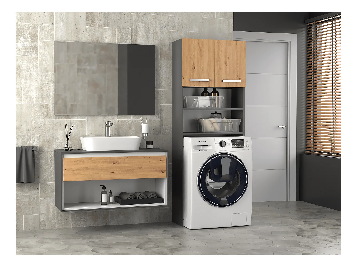 Waschmaschinenschrank, 30 x 64 x 180 cm, Anthrazit / Artisan Oak