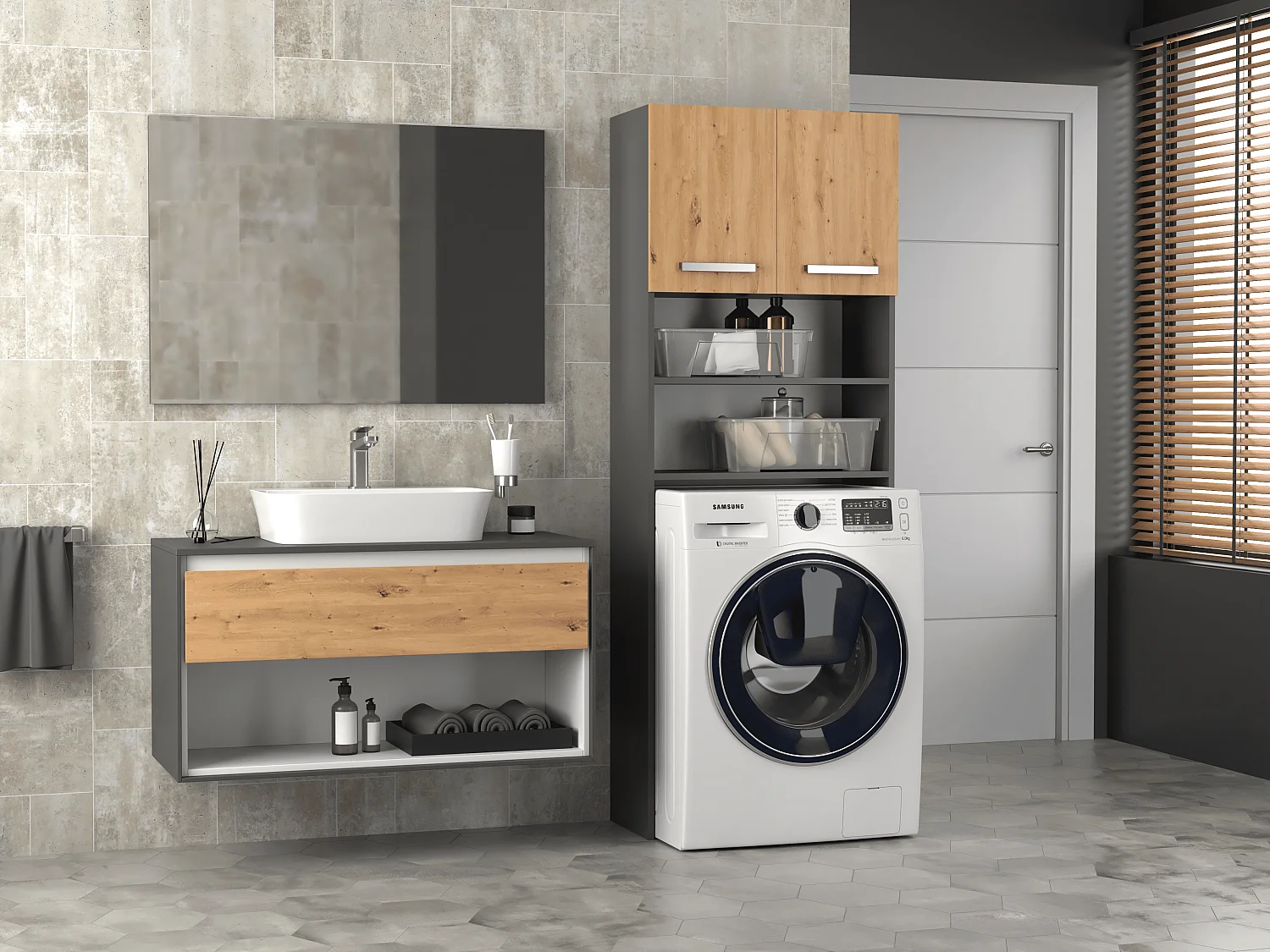 Wasmachinekast, 30 x 64 x 180 cm, Antraciet / Artisan Oak