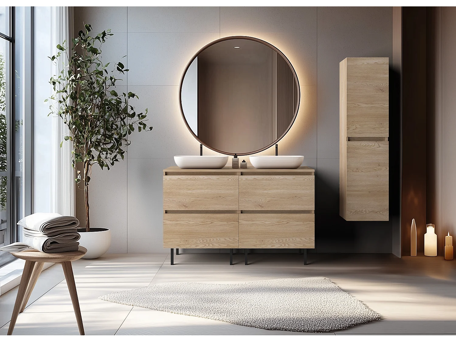 Meuble de salle de bain 120 cm (2 X 60) avec plan de travail supérieur + pieds meuble, Couleur : Chêne Clair, 120 x 77 x 46 cm