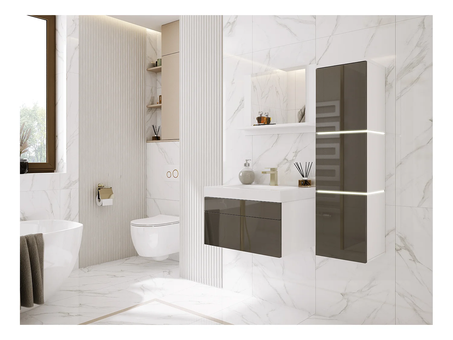 Ensemble meuble salle de bain, Blanc Mat, Gris Brillant, 90 x 110 cm