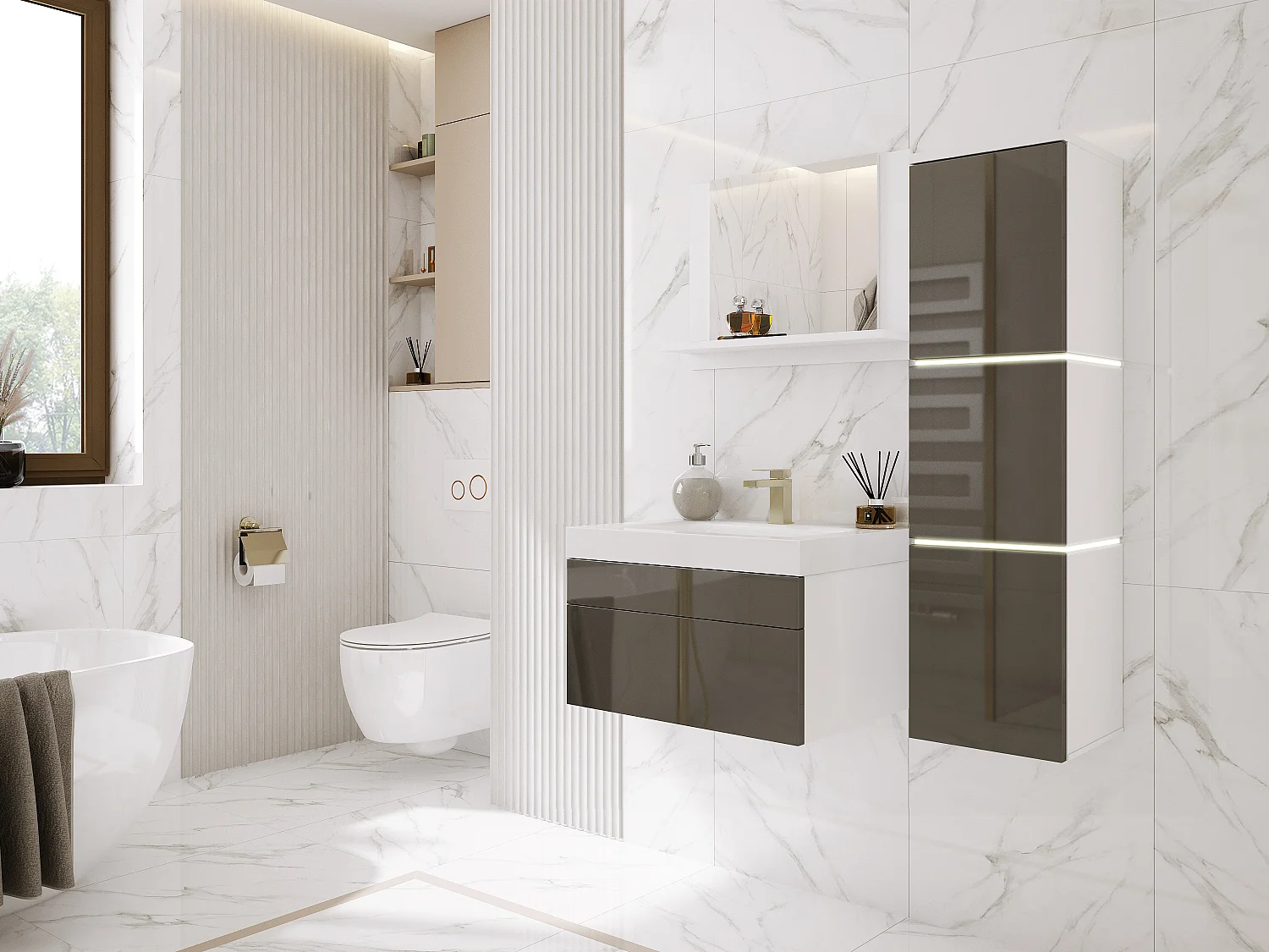 Ensemble meuble salle de bain, Blanc Mat, Gris Brillant, 90 x 110 cm