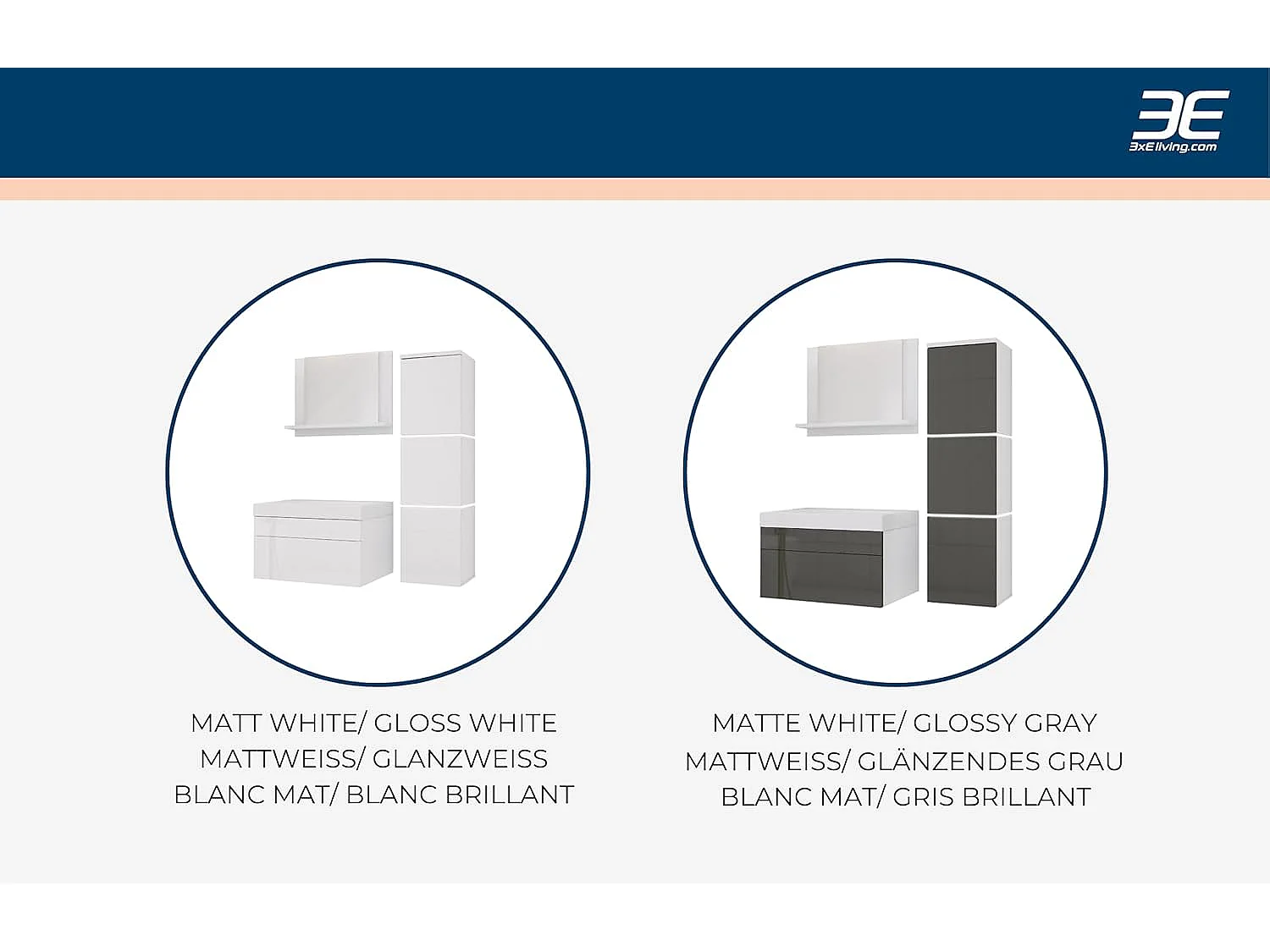 Ensemble meuble salle de bain, Blanc Mat, Gris Brillant, 90 x 110 cm